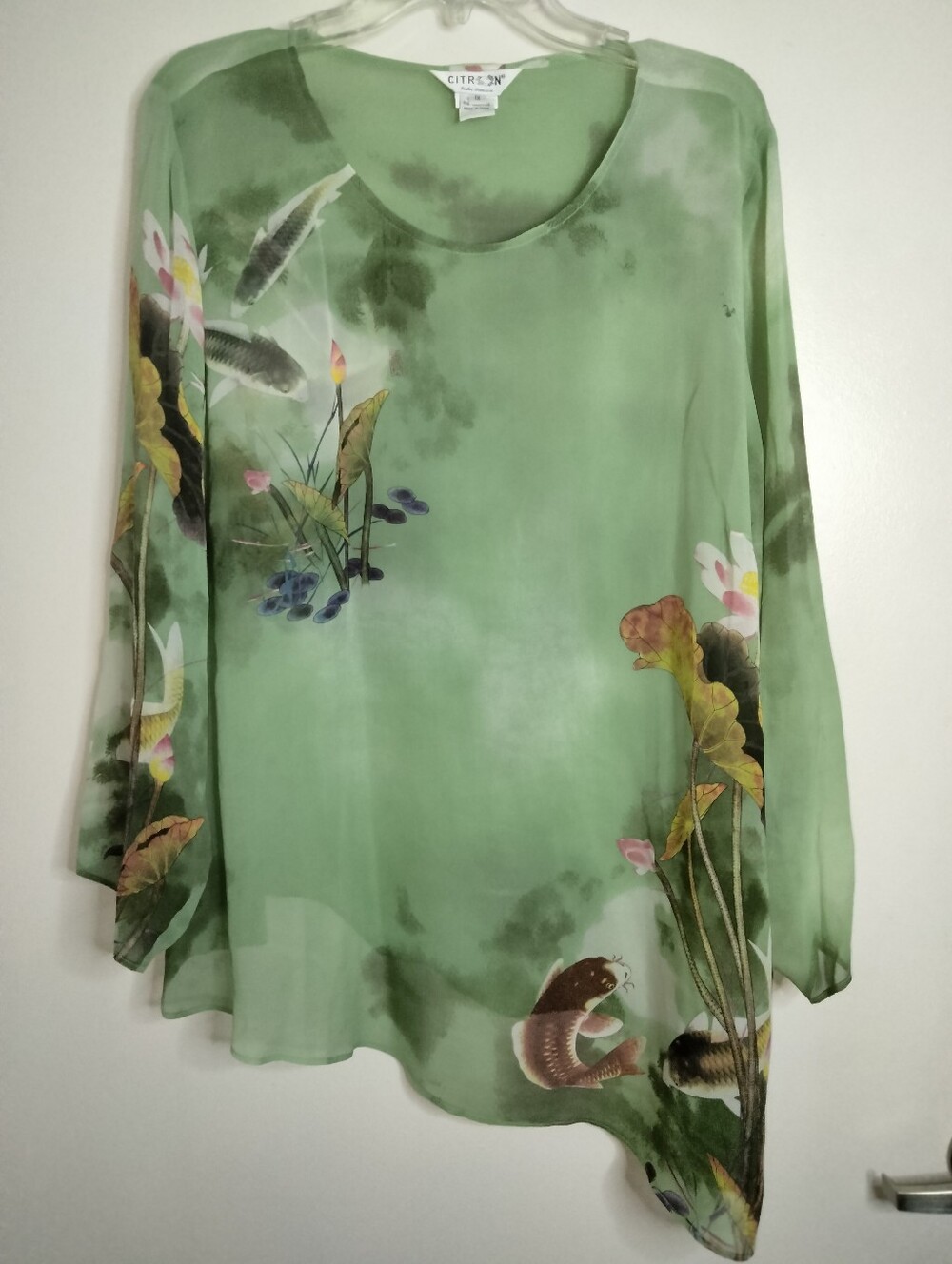 Citron (Size 1X) Sage Green Floral & Fish Print Silk Semi-sheer Wide LS Tunic